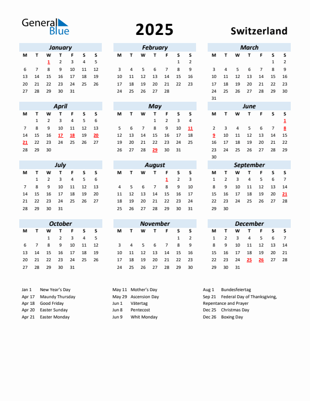 2025 Yearly Calendar for Switzerland with Holidays