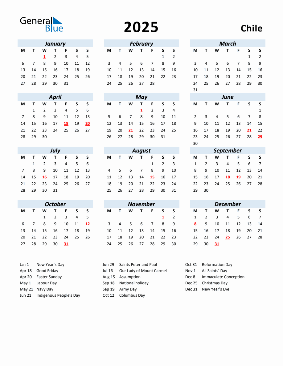 2025 Yearly Calendar for Chile with Holidays