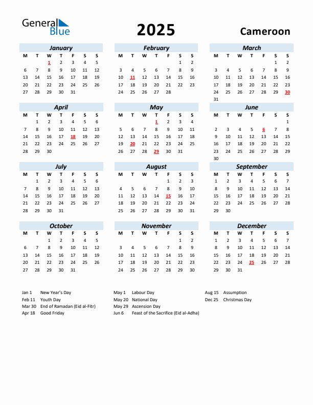 2025 Calendar for Cameroon with Holidays