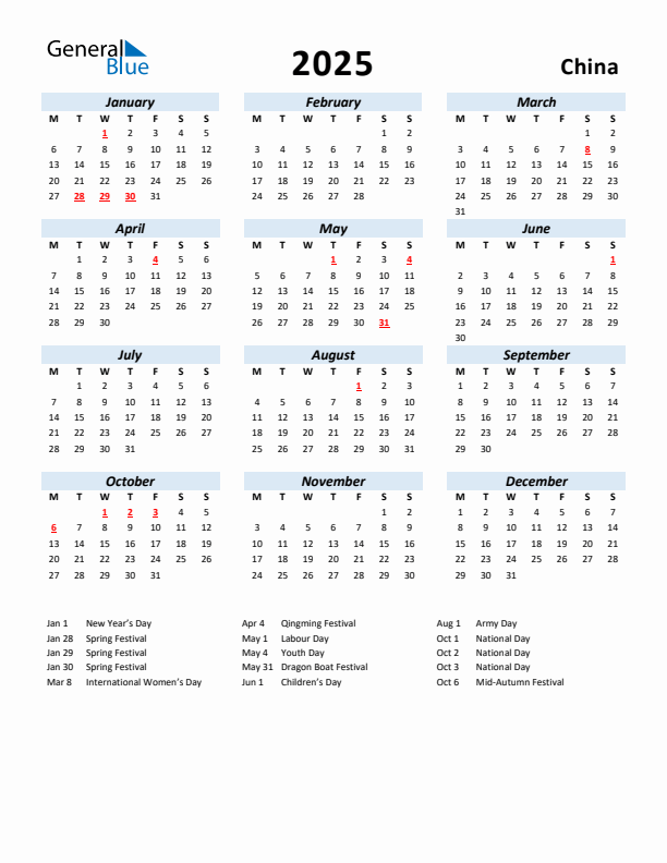 2025 Calendar for China with Holidays
