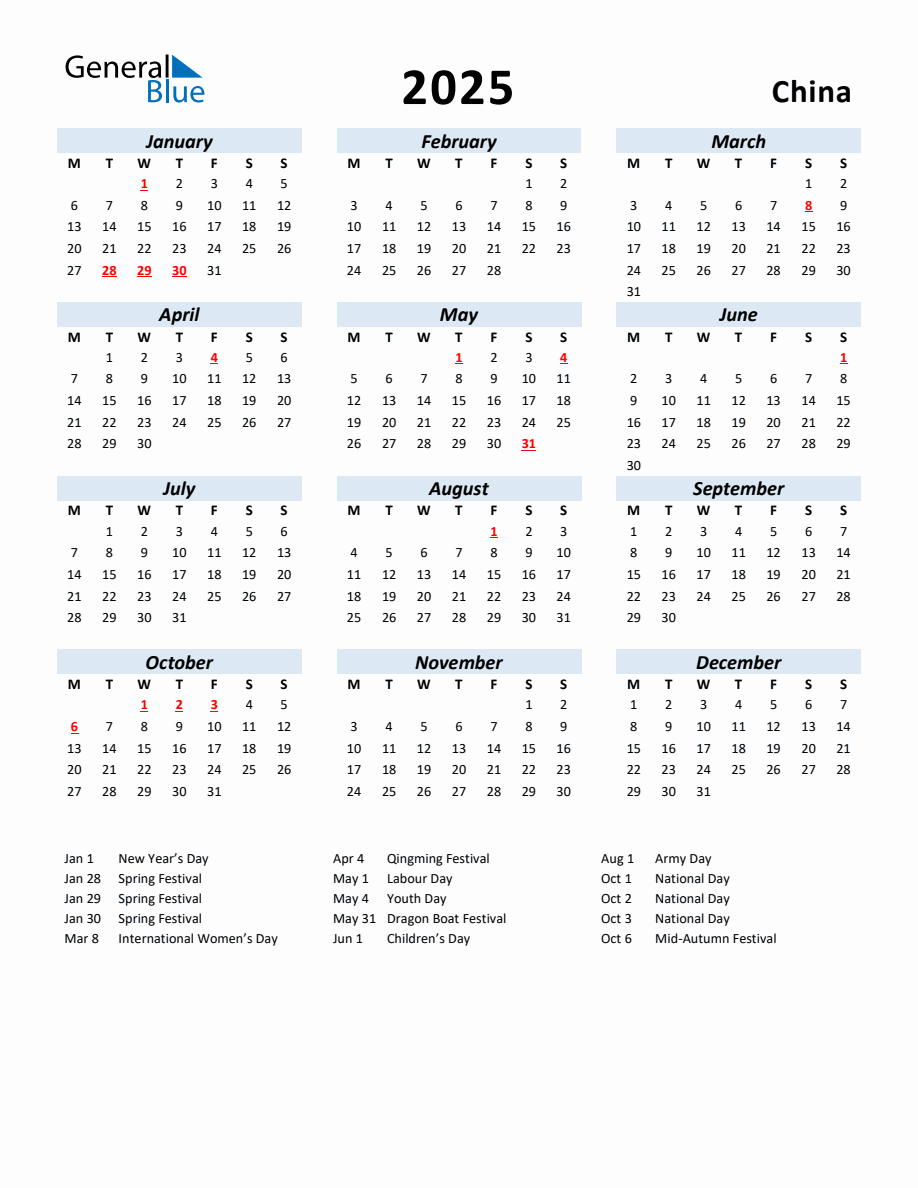 2025 Yearly Calendar for China with Holidays