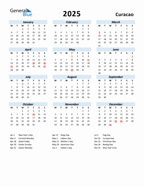 2025 Calendar for Curacao with Holidays