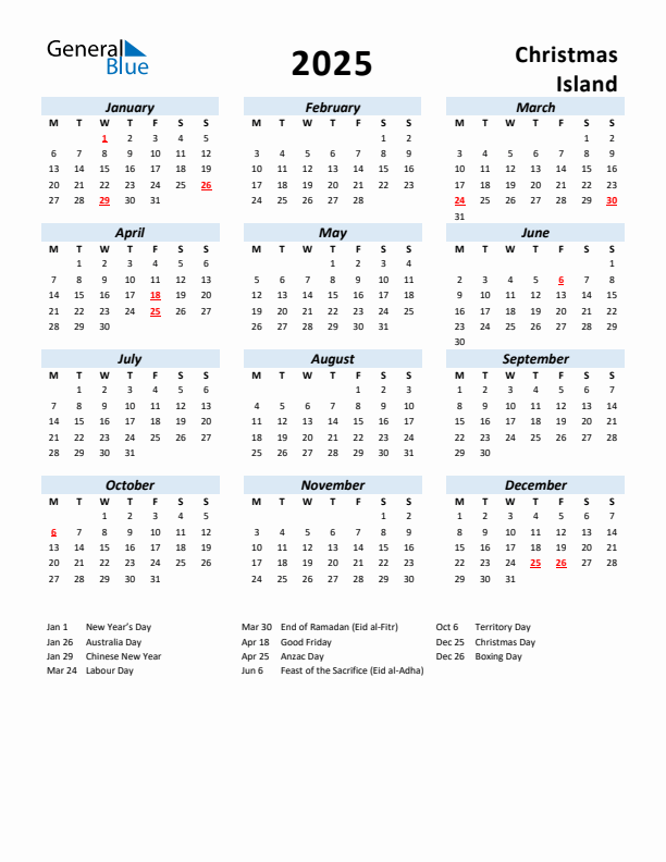2025 Calendar for Christmas Island with Holidays