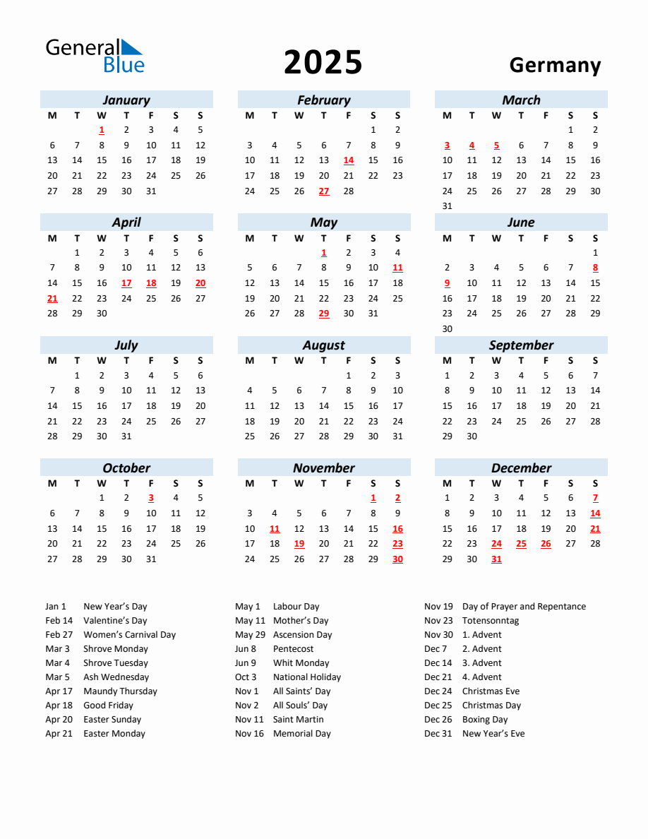 2025 Yearly Calendar for Germany with Holidays