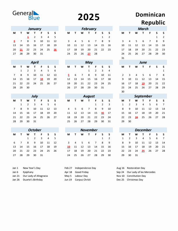 2025 Dominican Republic Calendar with Holidays