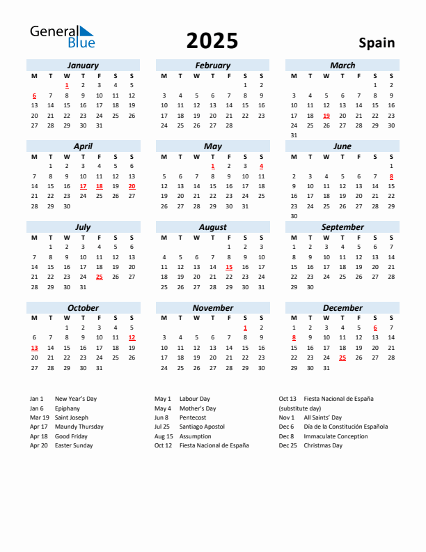 2025 Calendar for Spain with Holidays