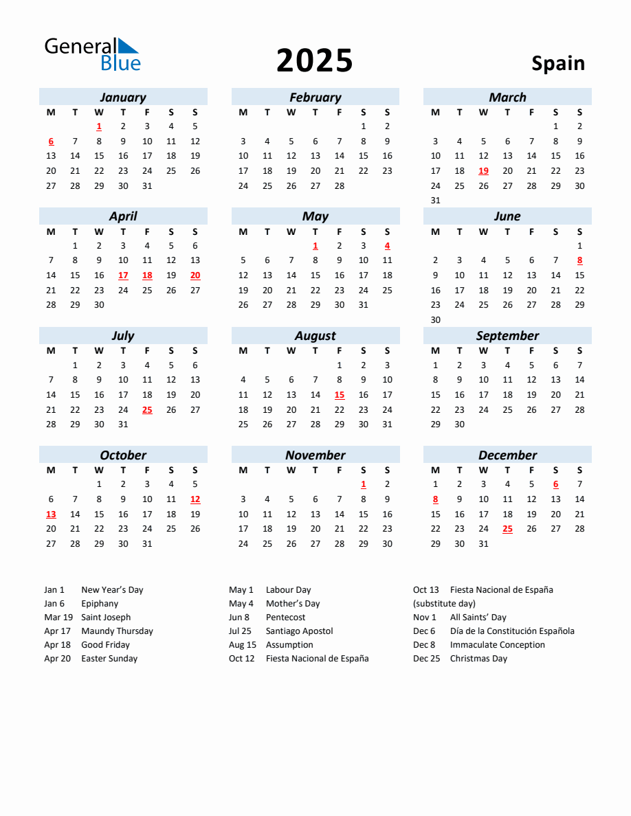 2025 Yearly Calendar for Spain with Holidays