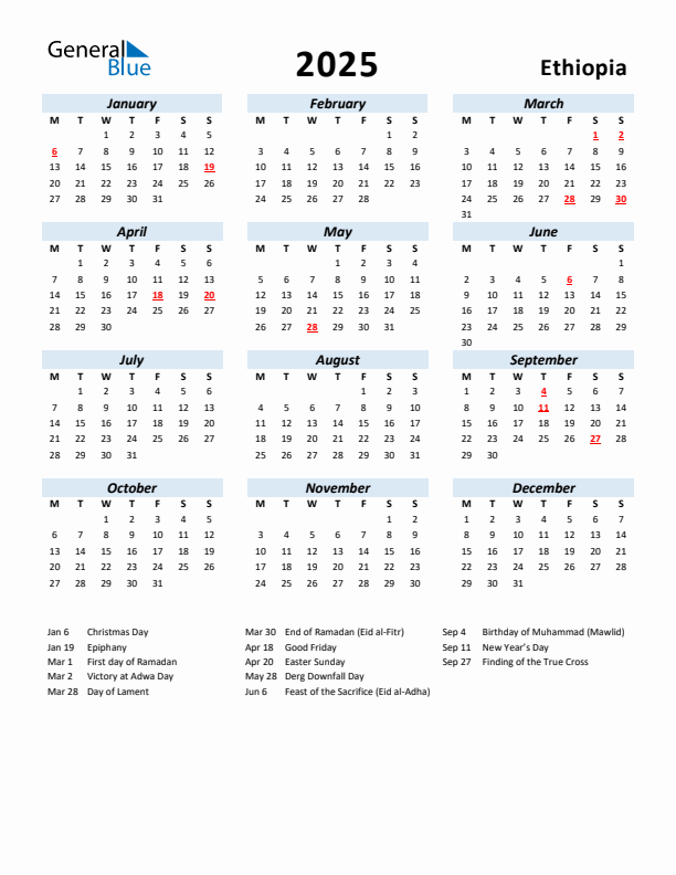 2025 Calendar for Ethiopia with Holidays