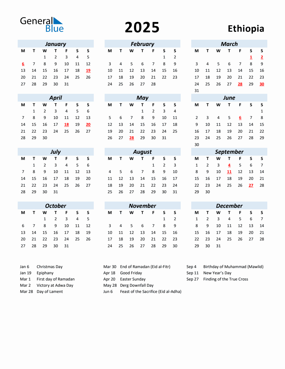 2025 Yearly Calendar for Ethiopia with Holidays