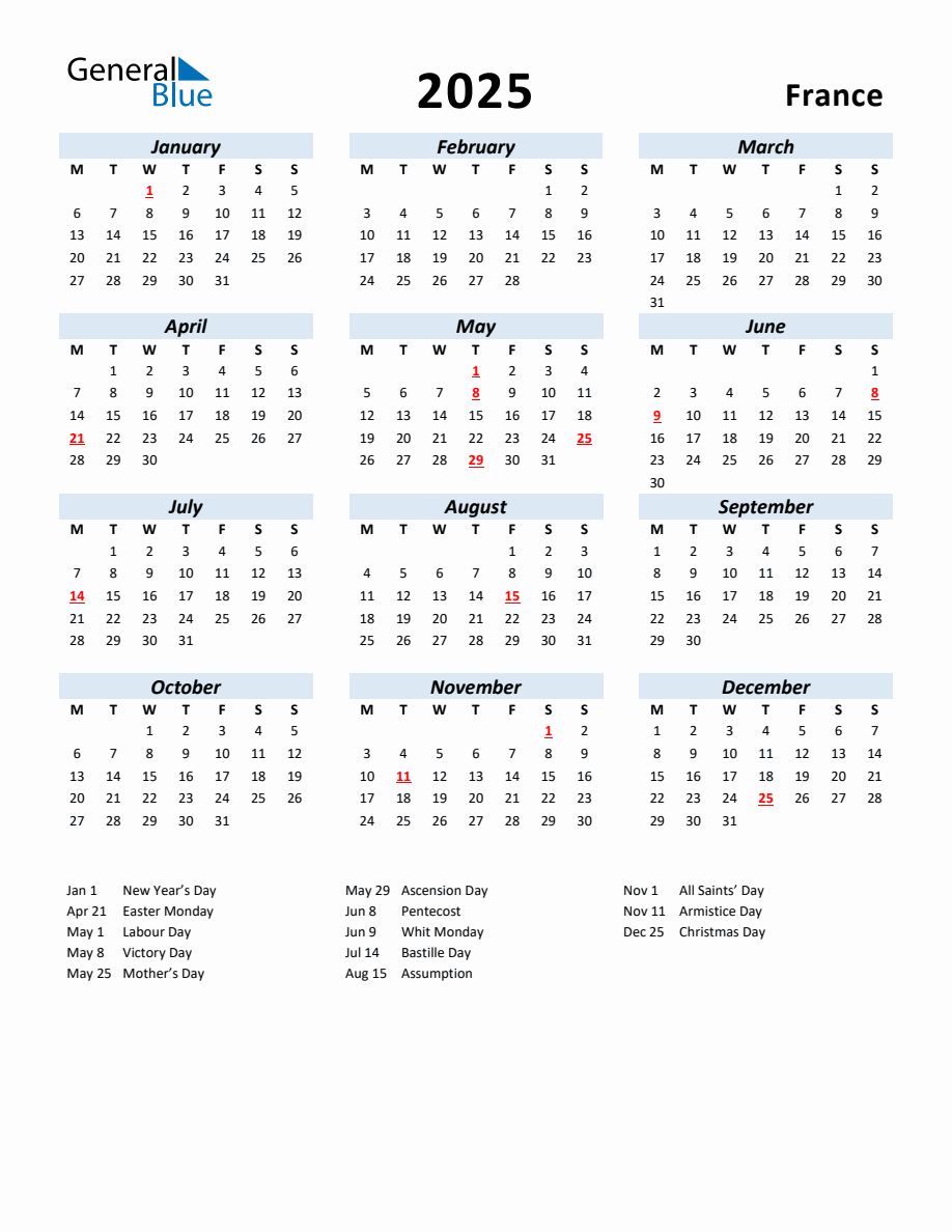 2025 Yearly Calendar for France with Holidays