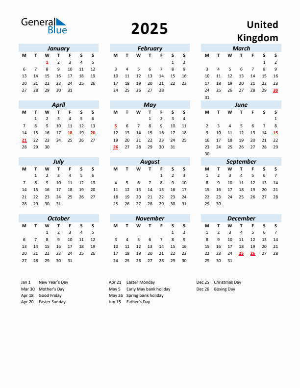 2025 Calendar for United Kingdom with Holidays