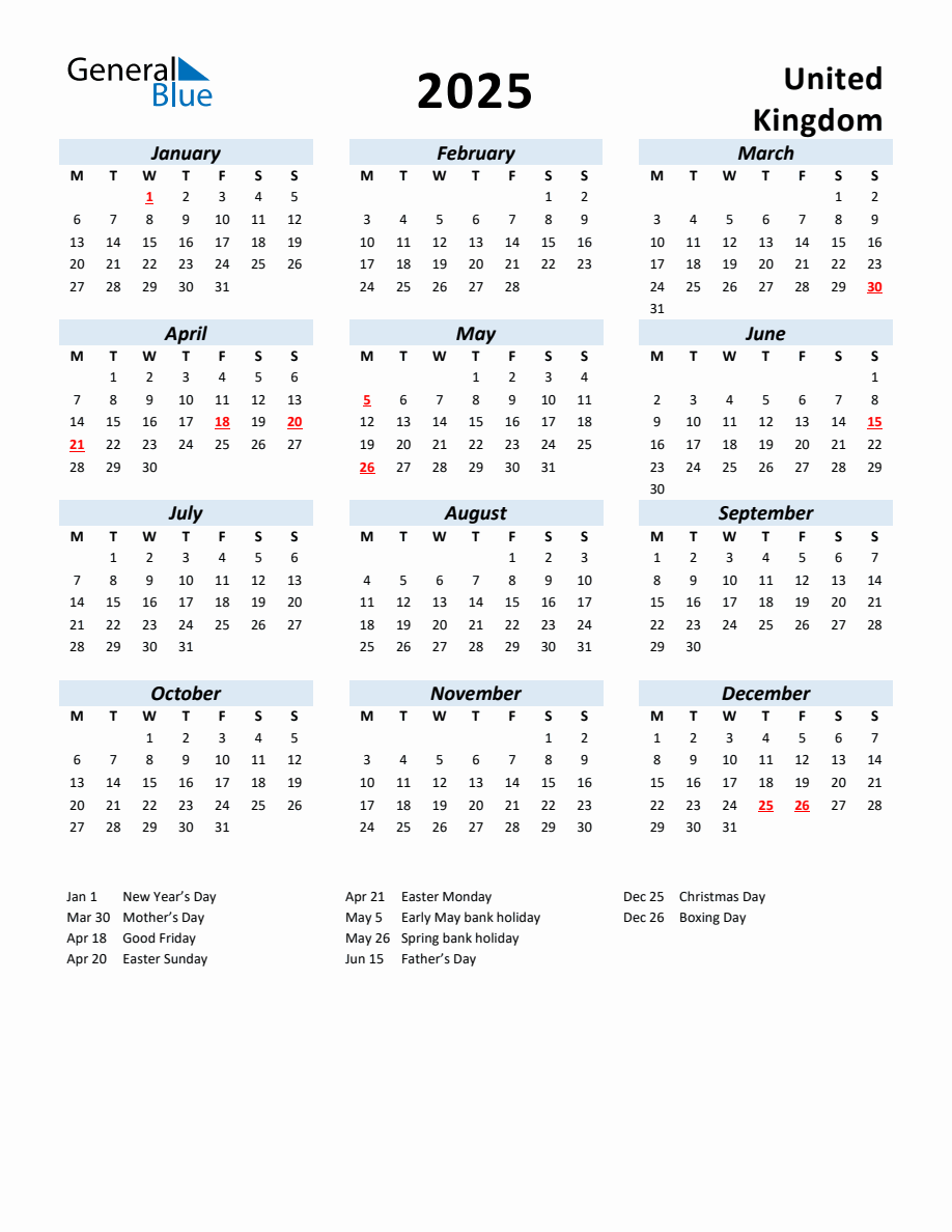 2025 Yearly Calendar for United Kingdom with Holidays