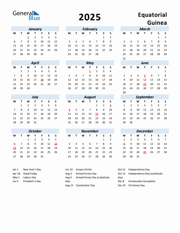 2025 Calendar for Equatorial Guinea with Holidays