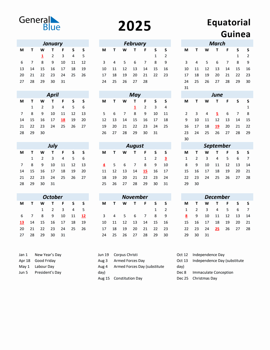 2025 Yearly Calendar for Equatorial Guinea with Holidays