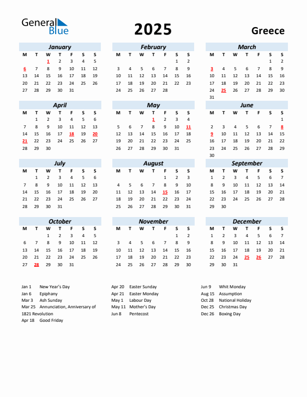 2025 Calendar for Greece with Holidays