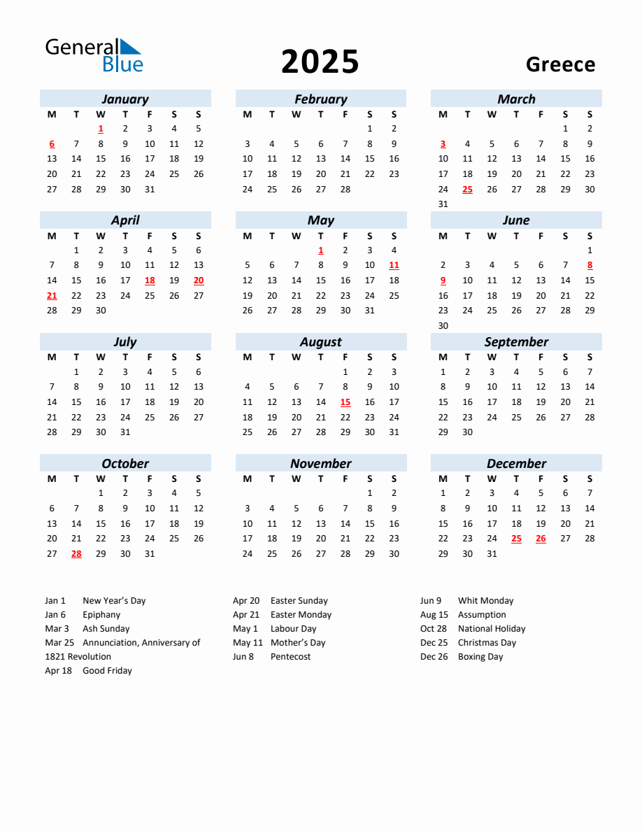 2025 Yearly Calendar for Greece with Holidays