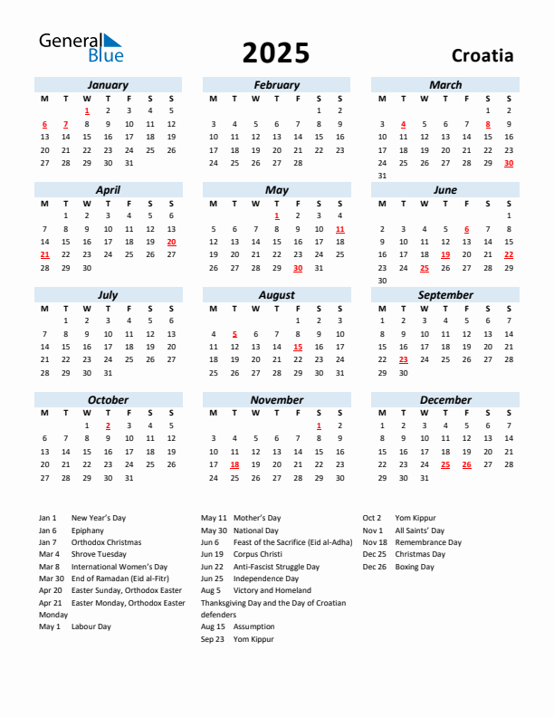 2025 Calendar for Croatia with Holidays