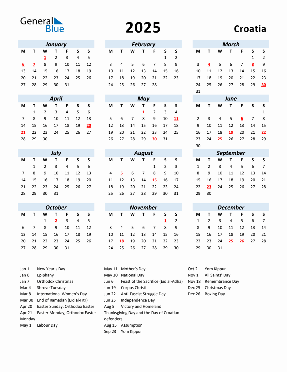 2025 Yearly Calendar for Croatia with Holidays