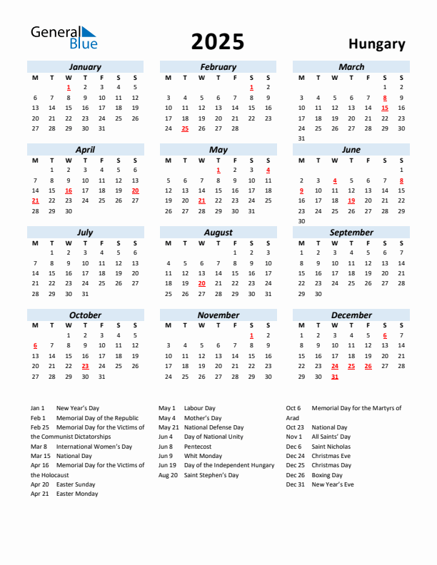 2025 Calendar for Hungary with Holidays