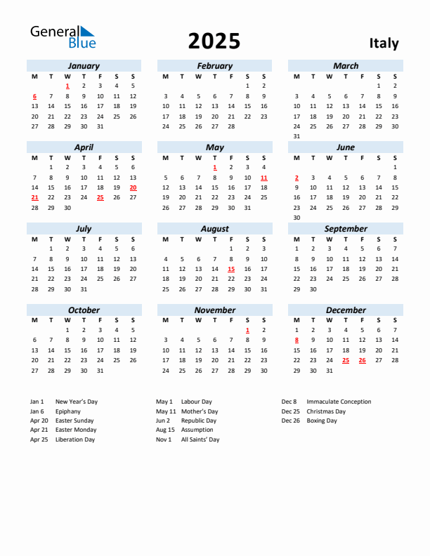 2025 Calendar for Italy with Holidays
