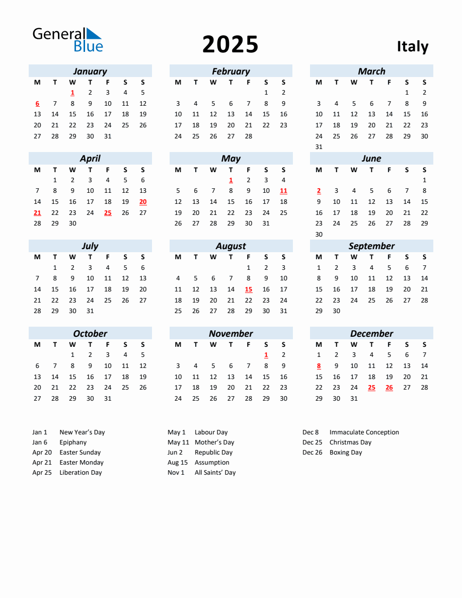 2025 Yearly Calendar for Italy with Holidays