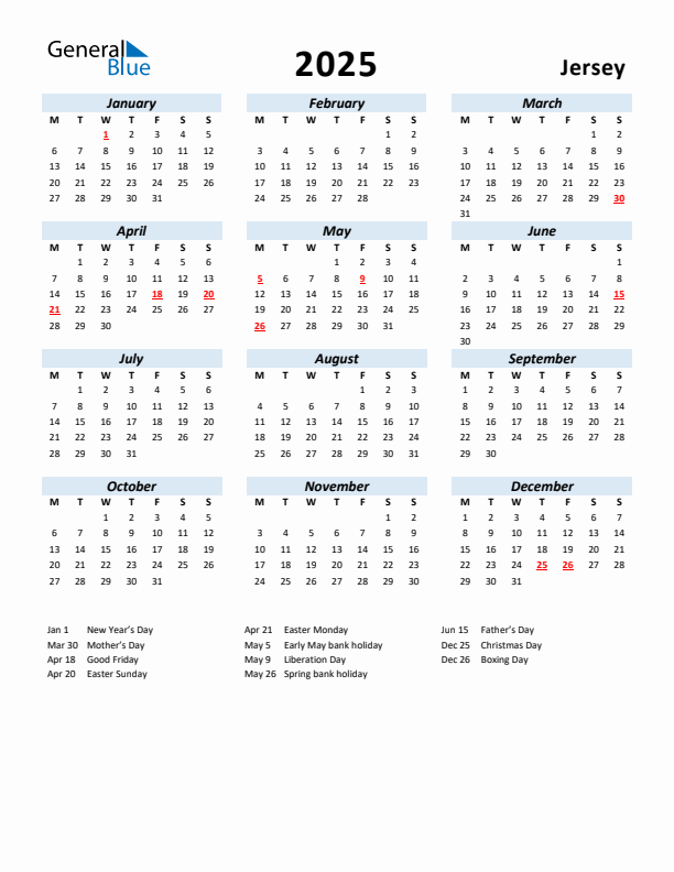 2025 Jersey Calendar with Holidays