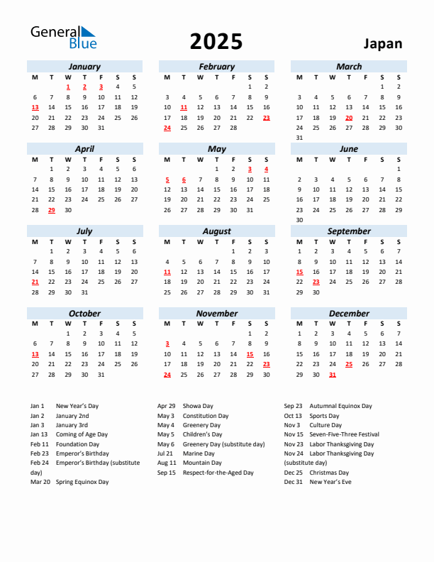 2025 Calendar for Japan with Holidays