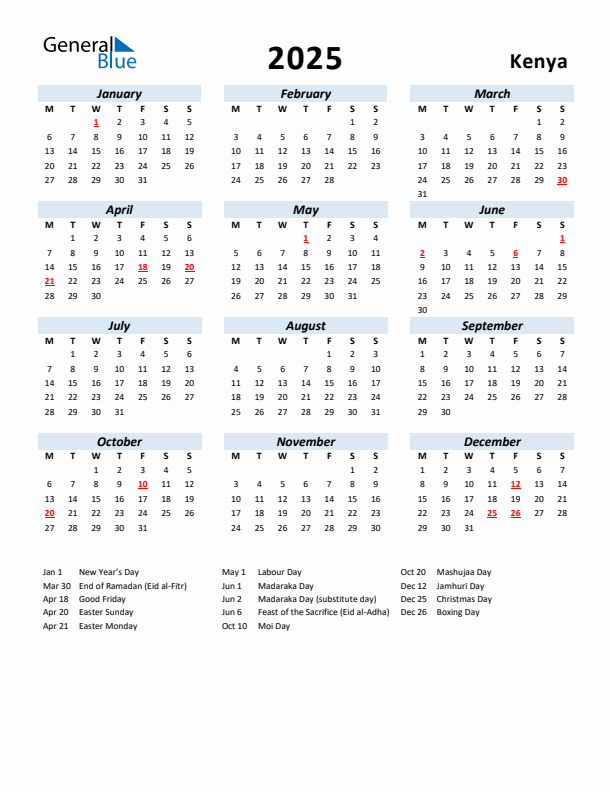 2025 Calendar for Kenya with Holidays