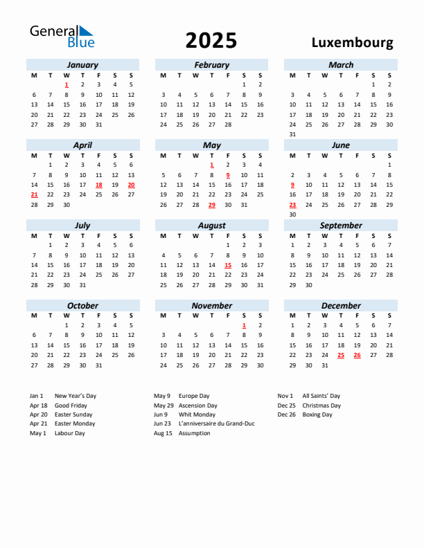 2025 Calendar for Luxembourg with Holidays