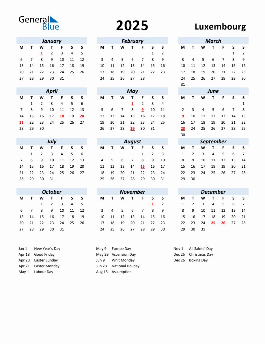 2025 Yearly Calendar for Luxembourg with Holidays