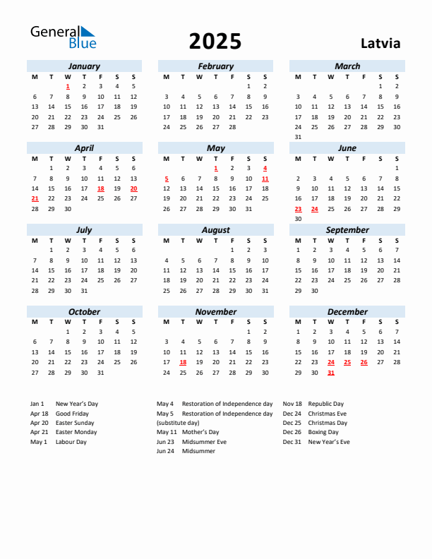 2025 Calendar for Latvia with Holidays