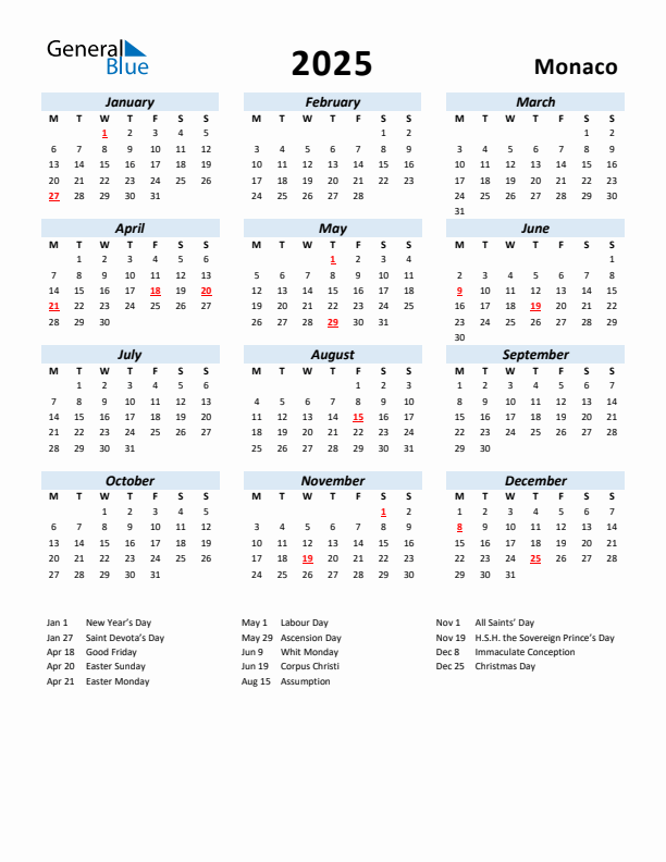 2025 Calendar for Monaco with Holidays