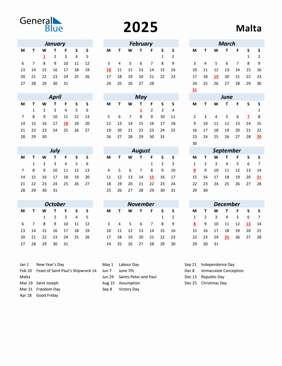 2025 Yearly Calendar for Malta with Holidays