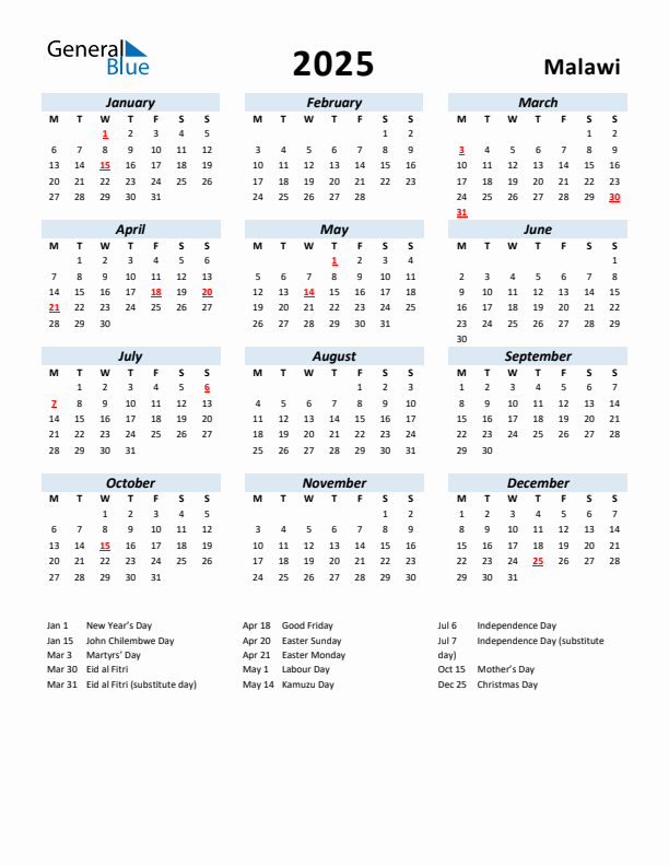 2025 Calendar for Malawi with Holidays