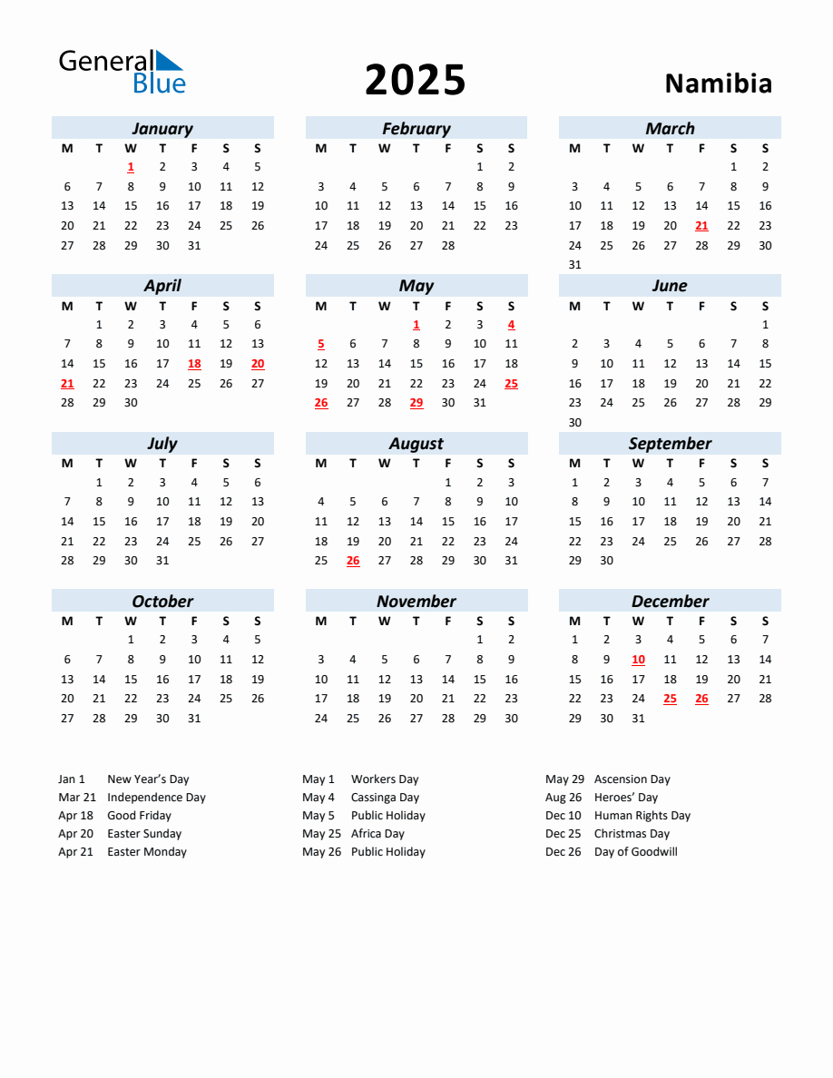 2025 Yearly Calendar for Namibia with Holidays