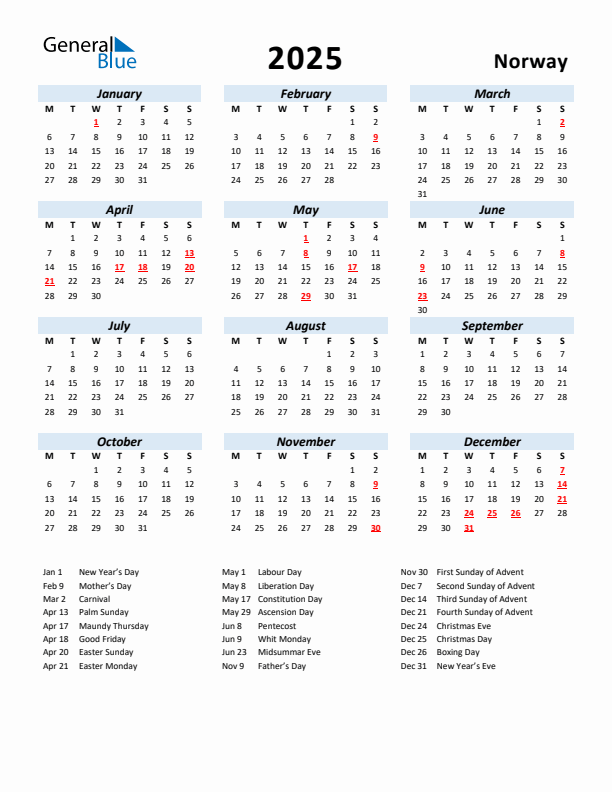 2025 Norway Calendar with Holidays