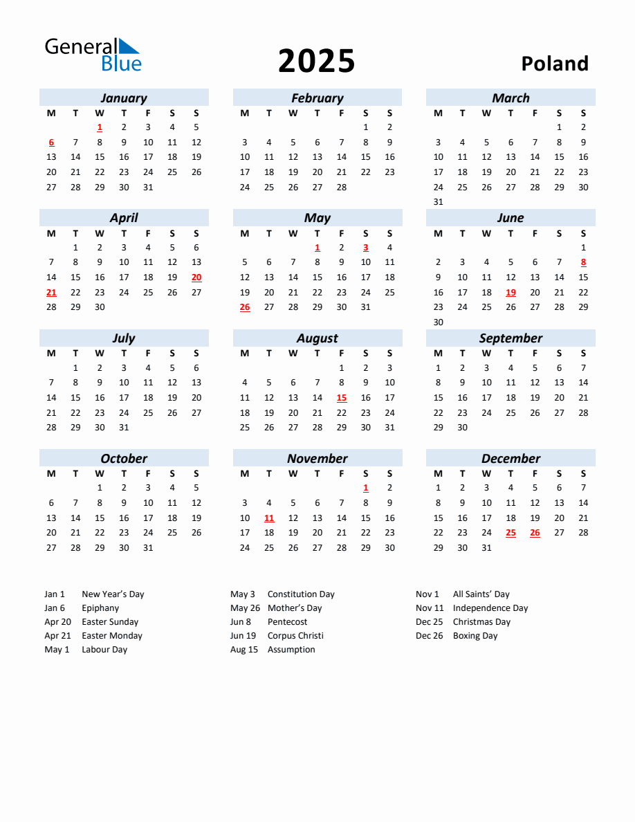 2025 Yearly Calendar for Poland with Holidays