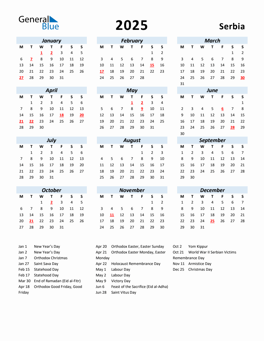 2025 Yearly Calendar for Serbia with Holidays