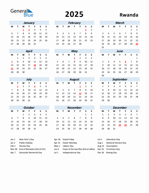 2025 Calendar for Rwanda with Holidays