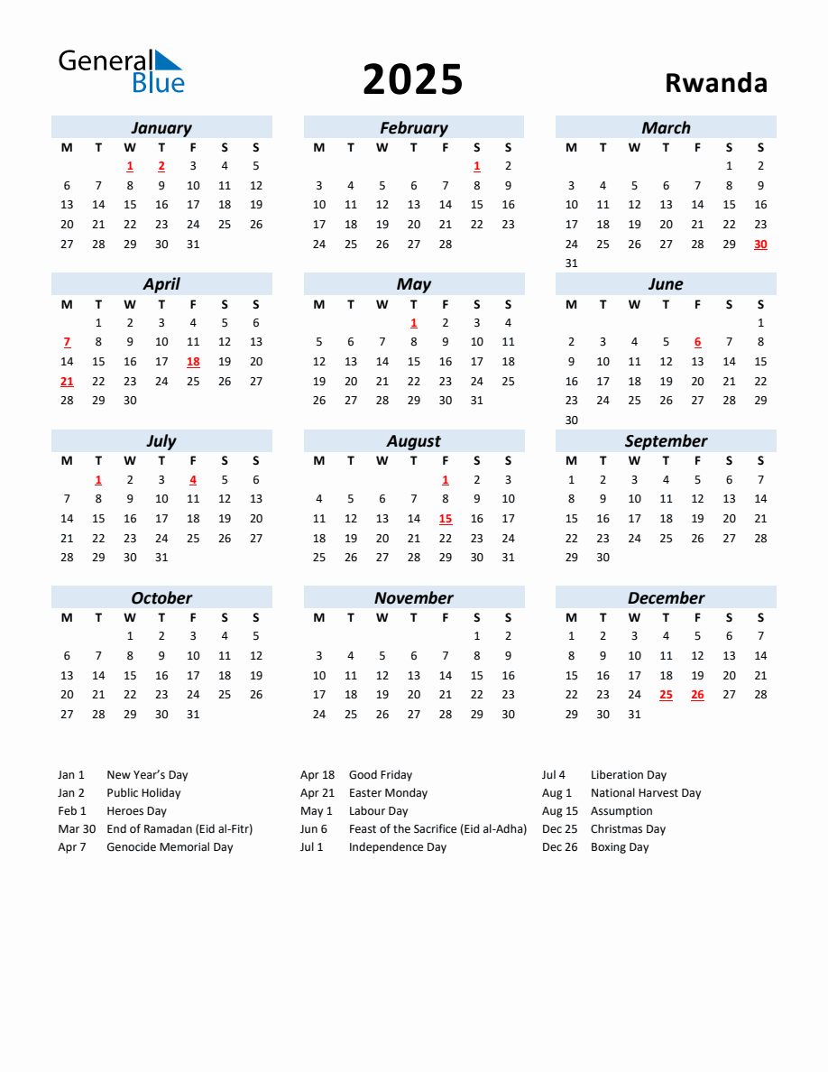 2025 Yearly Calendar for Rwanda with Holidays