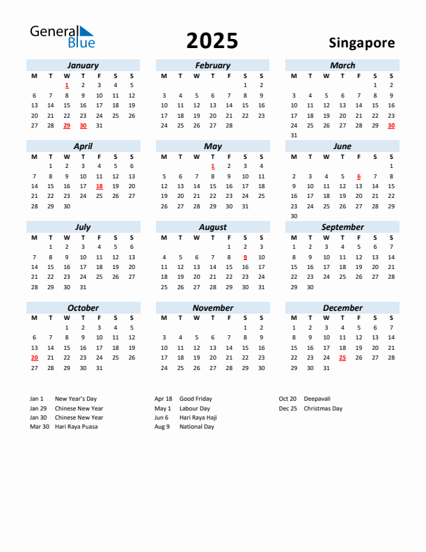 2025 Calendar for Singapore with Holidays