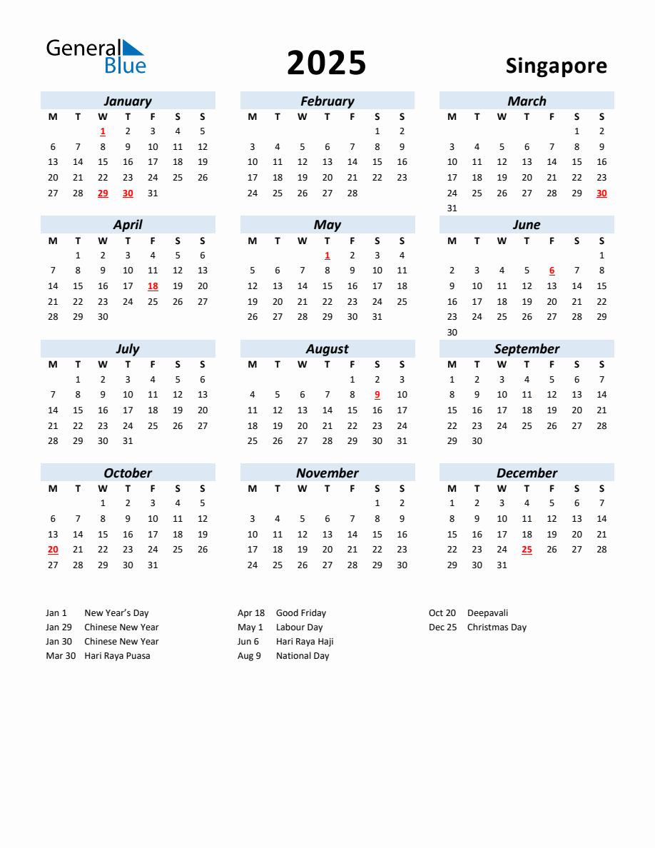 2025 Yearly Calendar for Singapore with Holidays