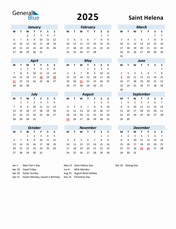 2025 Calendar for Saint Helena with Holidays