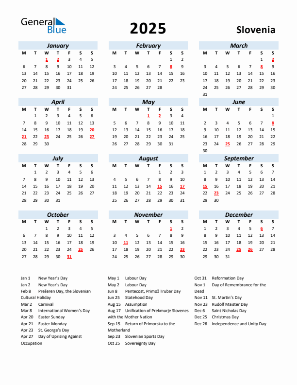 2025 Calendar for Slovenia with Holidays