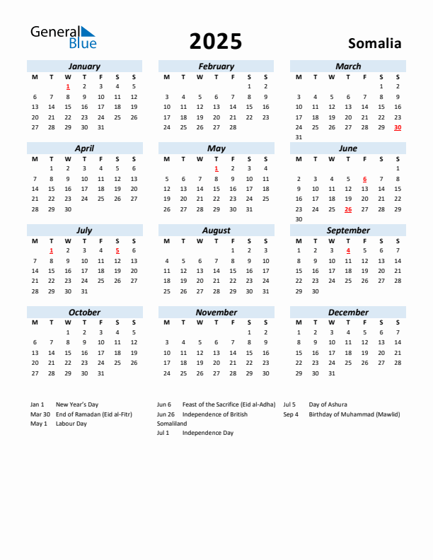 2025 Calendar for Somalia with Holidays