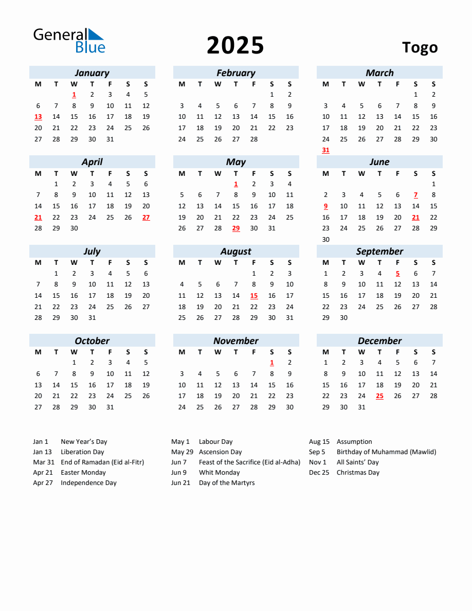 2025 Yearly Calendar for Togo with Holidays