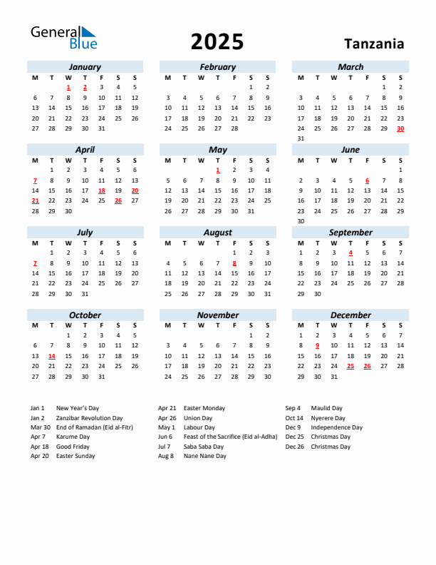 2025 Calendar for Tanzania with Holidays
