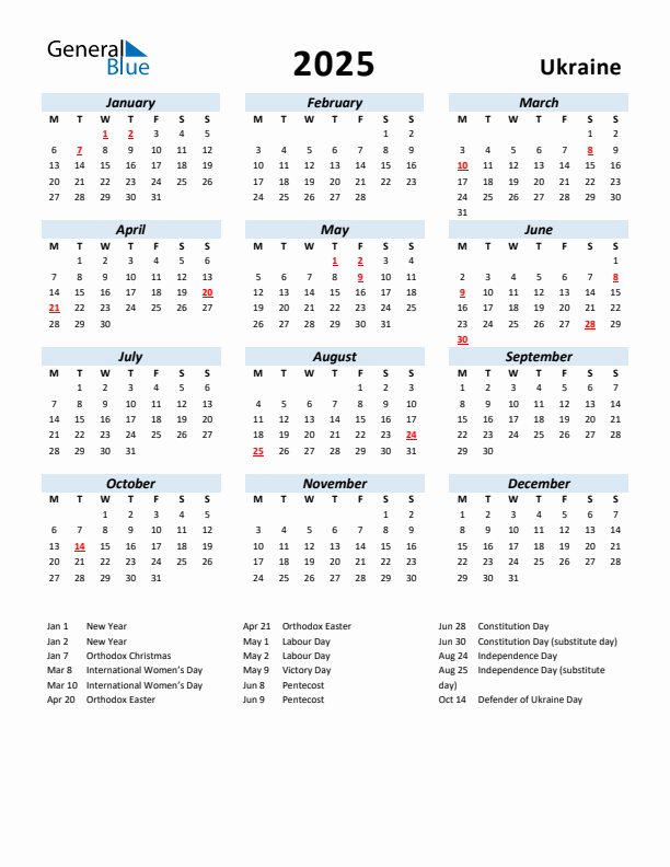 2025 Calendar for Ukraine with Holidays