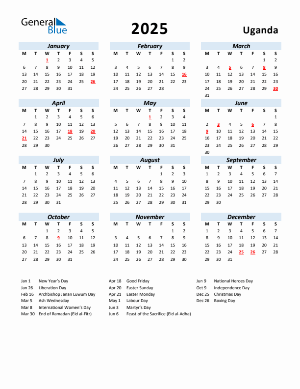 2025 Calendar for Uganda with Holidays