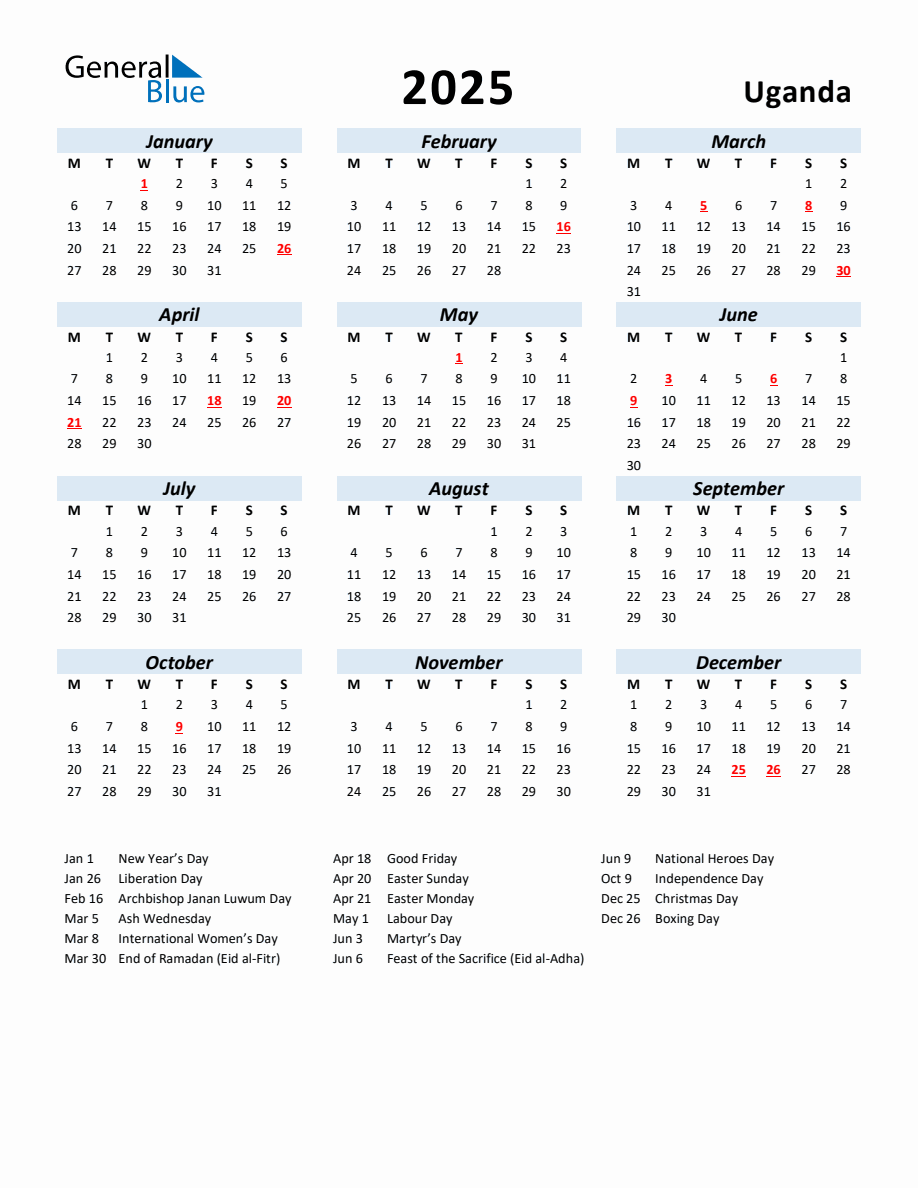 2025 Yearly Calendar for Uganda with Holidays